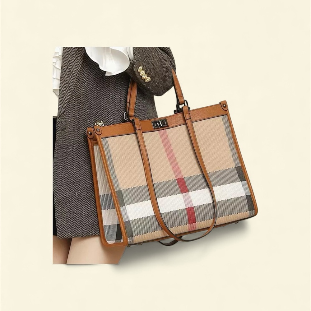 Elegant Tan and Red Plaid Tote Bag